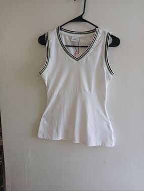 Veronica Beard White V-Neck Tank with Green and Burgundy Stripe Trim